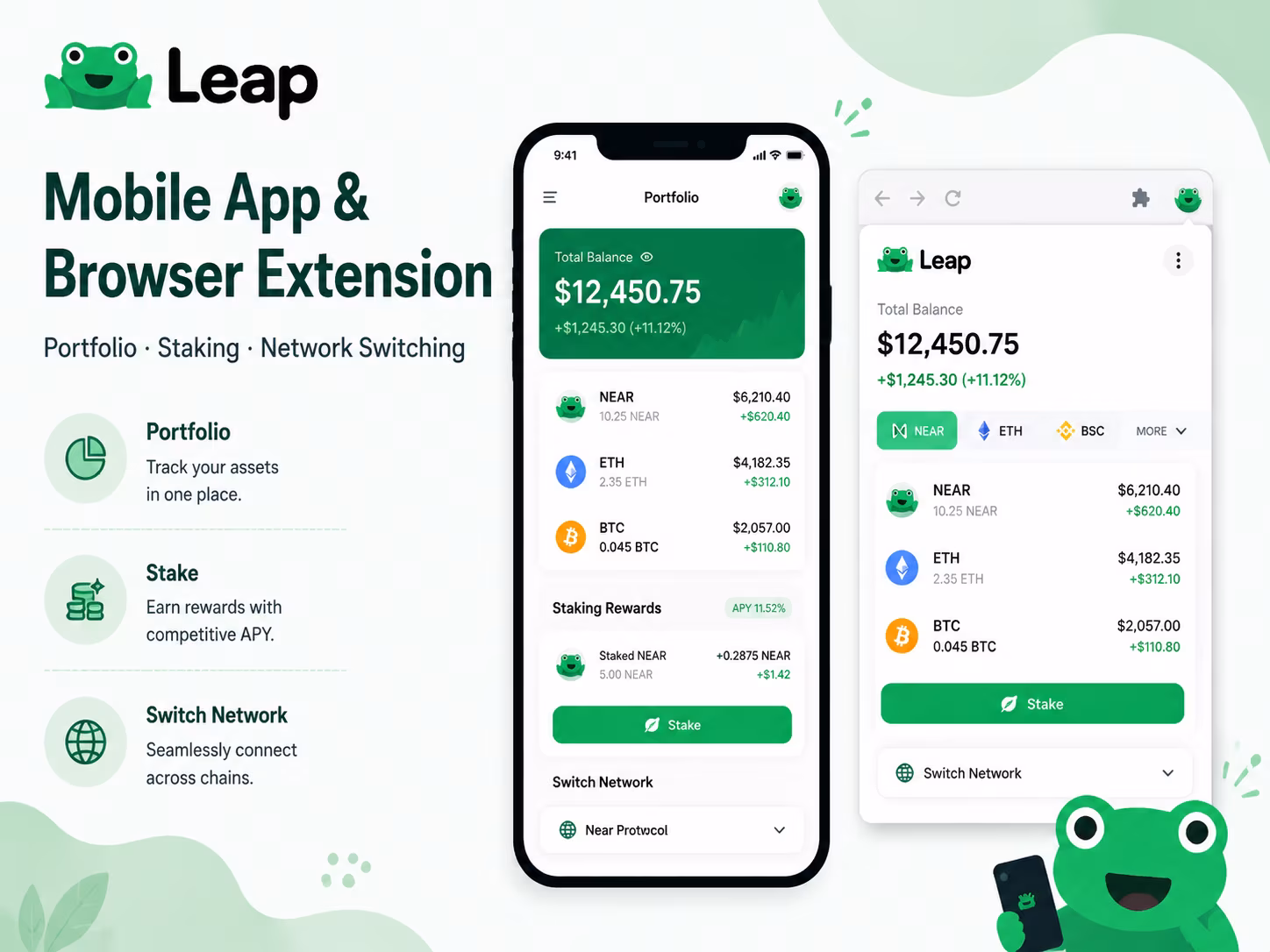 Leap Wallet mobile app and browser extension interface screens