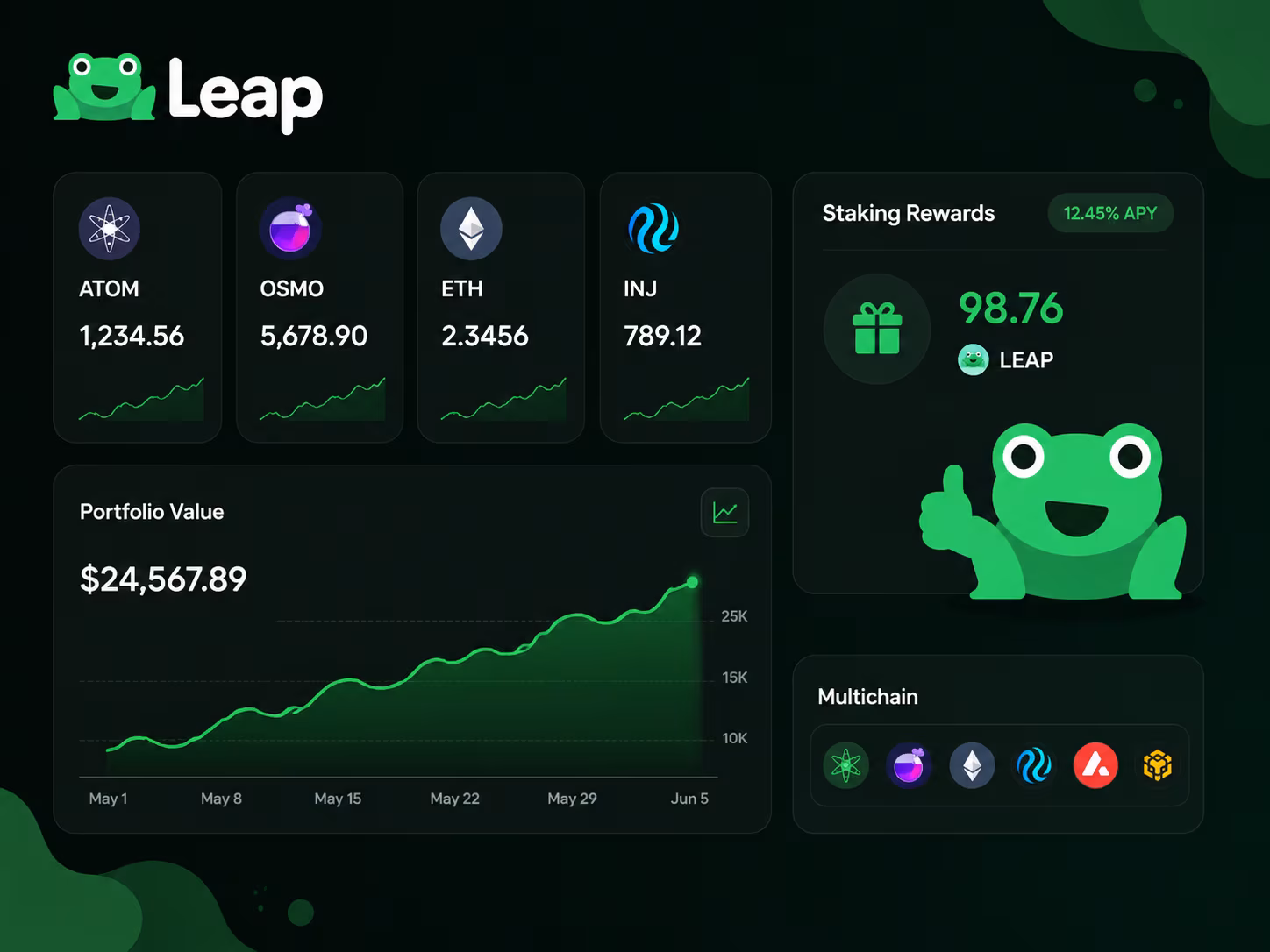 Leap Wallet dashboard showing token balances staking and multichain portfolio