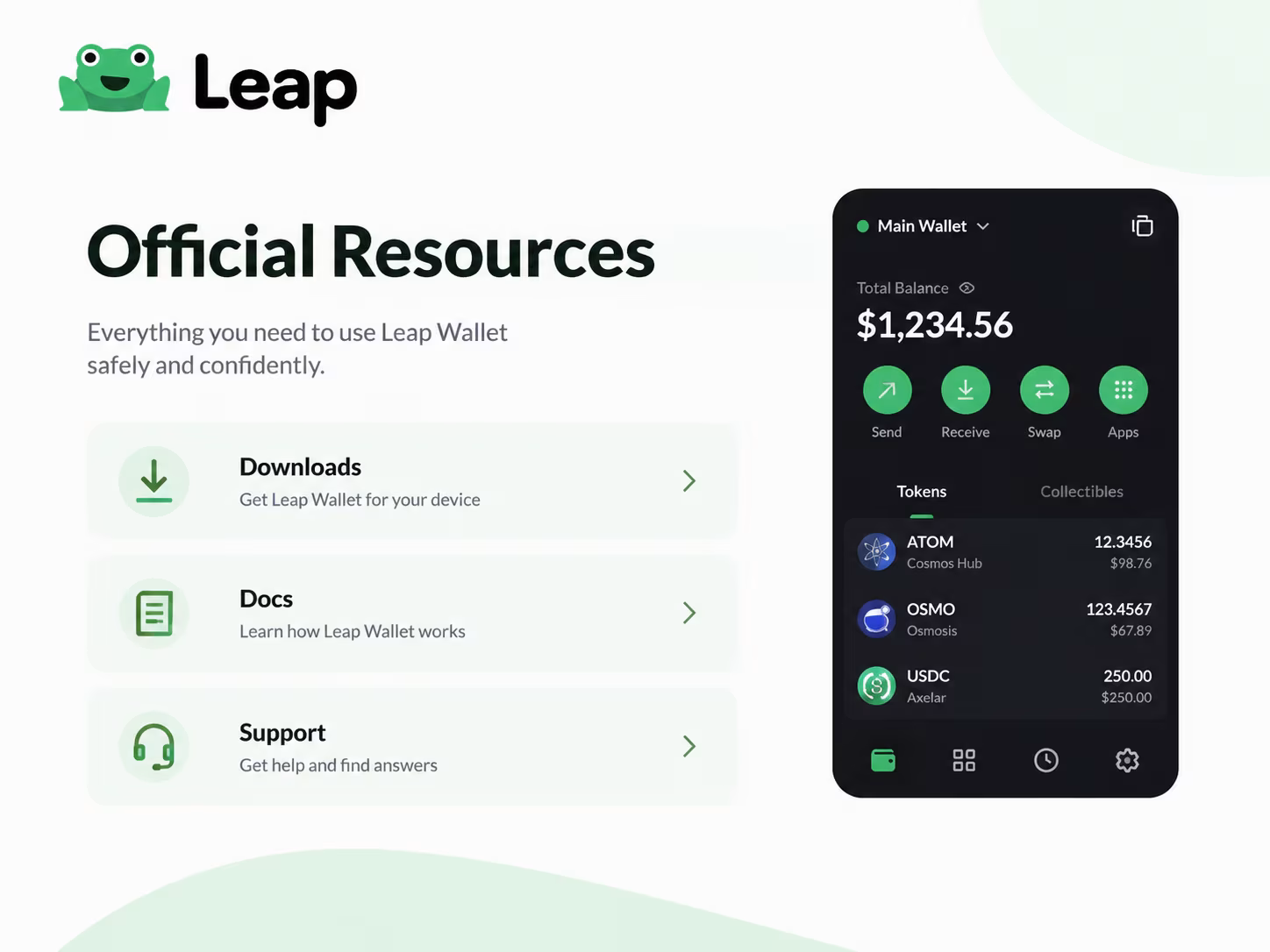 Leap Wallet official website navigation showing downloads docs support